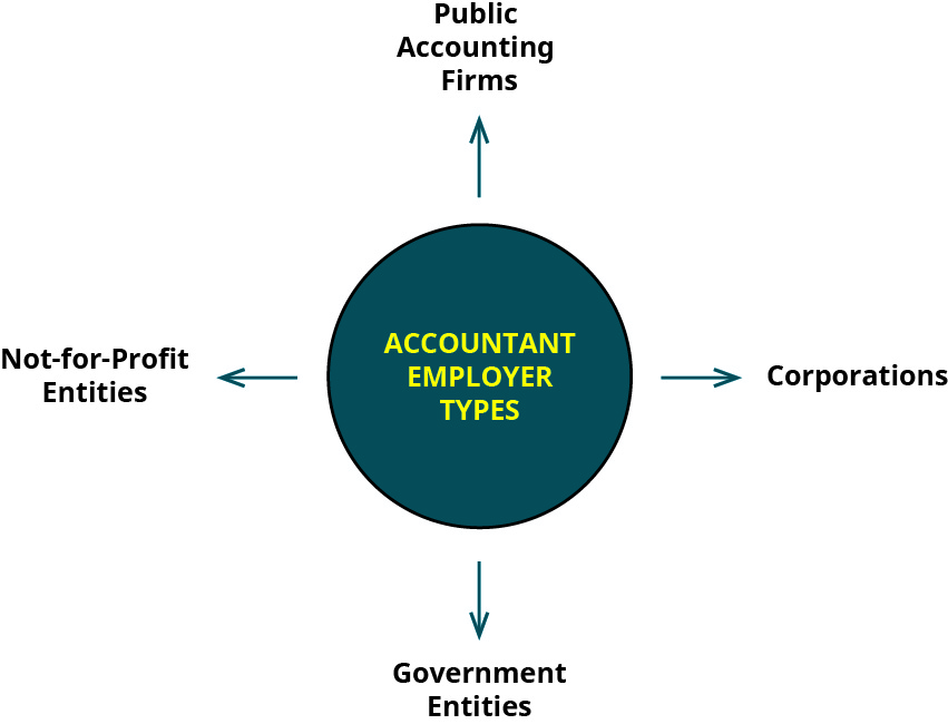 A diagram has a center circle labeled “Accountant Employer Types” and identifies four types: public accounting firms, corporations, government entities, and not-for-profit entities.