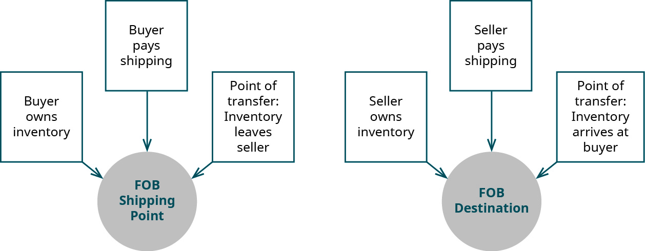 F O B Shipping Point is impacted by the facts that the buyer owns the inventory and pays for shipping, and the point of transfer at which the inventory leaves the seller. The F O B Destination is impacted by the facts that the seller owns the inventory and pays the shipping, and the point of transfer at which the inventory arrives at the buyer.