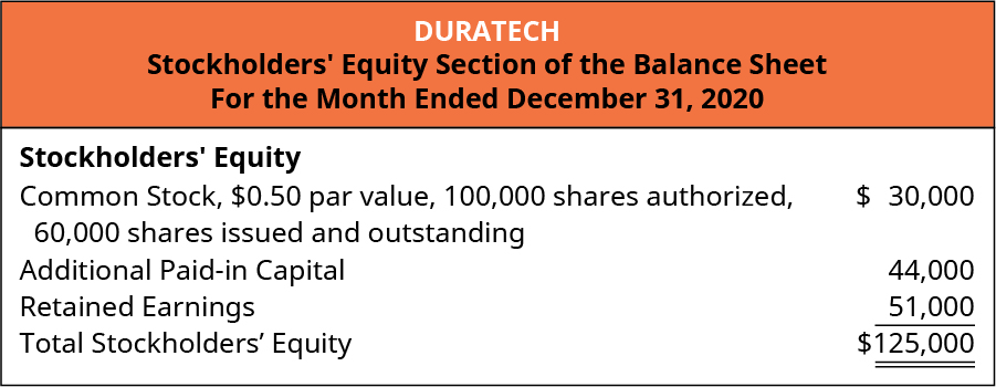 Duratech, Stockholders’ Equity Section of the Balance Sheet, For the Month Ended December 31, 2020.