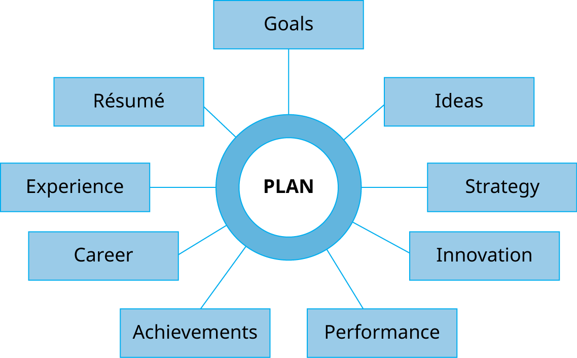 A chart shows a circle in the center with nine boxes branching off from the circle. The circle is labeled Plan. From the top, clockwise, the boxes are labeled goals, ideas, strategy, innovation, performance, achievements, career, experience, résumé.