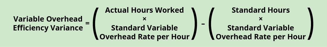 Variable Overhead Efficiency Variance equals Actual Hours Worked times Standard Variable Overhead Rate per Hour) minus (Standard Hours times Standard Variable Overhead rate per Hour).