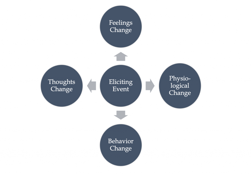 this image shows An eliciting event causes four different changes, those changes are: "Thoughts Change", "Behavior Change", "Physiological Change", and "Feelings Change"