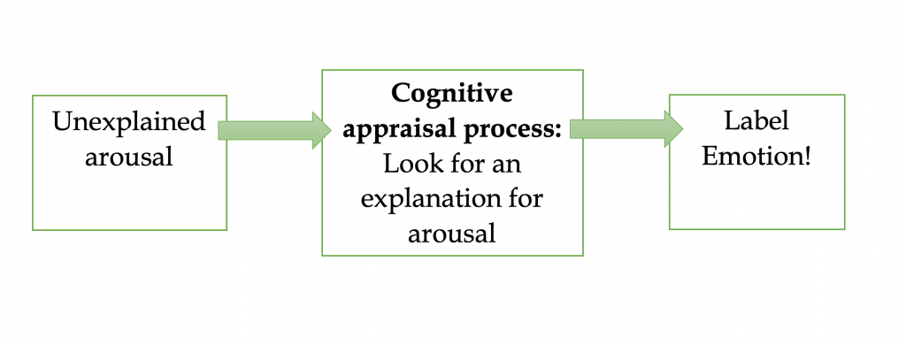 A flowchart-like diagram that starts with "unexplained arousal" which then flows into "Cognitive Appraisal Process ( Look for an explanation for arousal )", then that flows into the final box labeled "Label Emotion"