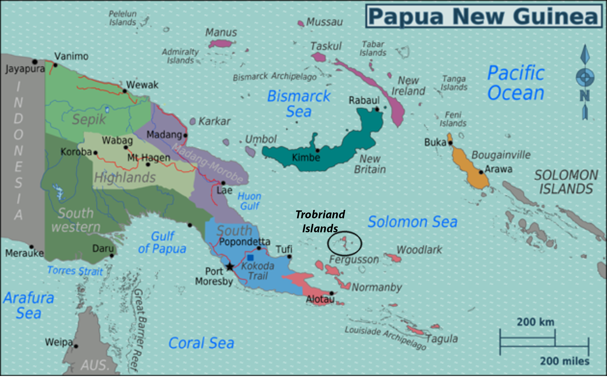 A map of Papua New Guinea, emphasizing the trobriand islands.