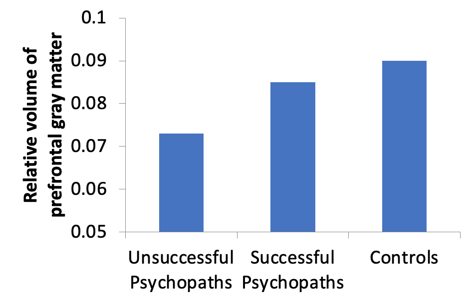 A bar chart showing relative volume of prefrontal gray matter in unsuccessful psychopaths, successful psychopaths, and the controls