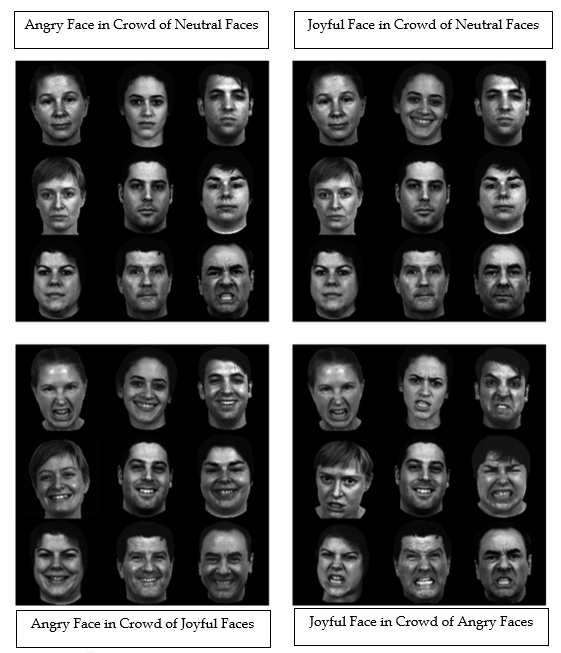 four groups of faces. The groups are in a grid of 2 by 2. The top left is a group of neutral faces with an angry face placed in the group. The top right is a group of neutral faces with a joyful face placed in the group. The bottom left is a group of joyful faces, with an angry face placed in the group. the bottom right is a group of angry faces, with a joyful face placed in the group.