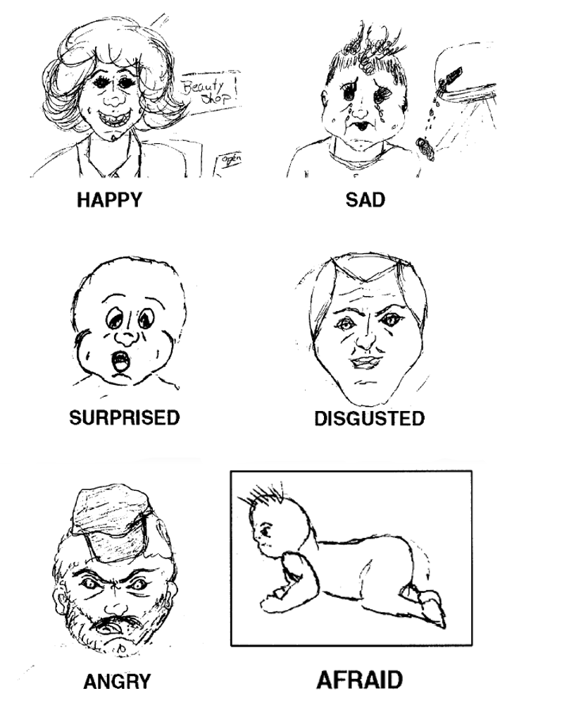 Illustrations for the emotions: Happy, sad, surprised, disgusted, angry, and afraid.