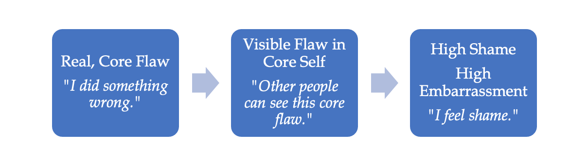 Real, Core Flaw "I did something wrong." Right arrow pointing to the next text - Visbile Flaw in Core Self "Other people can see this core flaw." Right arrow point to the text - High shame, High Embarrassment "I feel shame"