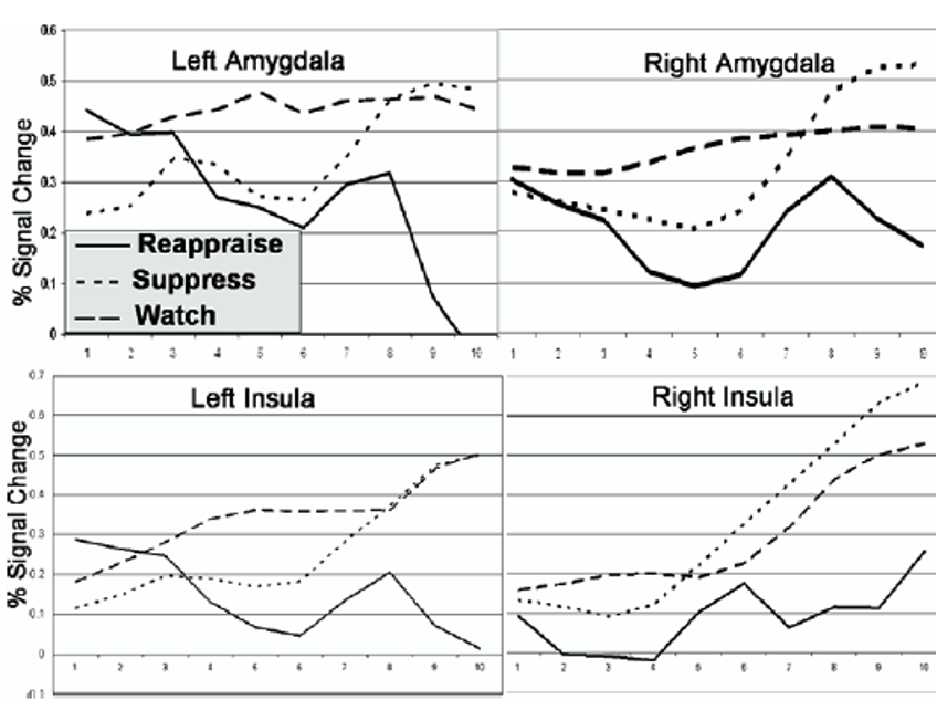 A grid consisting of four line graphs. The top left graph is titled: Left Amygdala. The top right graph is labeled: Right Amygdala. The bottom left graph is labeled: Left Insula. The bottom right graph is labeled: Right Insula. There are 3 lines on each graph all representing the same thing. A solid line for Reappraise, a dashed line for Watch, and a ddottedd line for Suppress. The X and Y axis of each graph is the same. The x axis starts at 0 and increments by 1 to a maximum of 10. The y axis is labeled: % Signal Change. The Y axis starts at 0, and increments by 0.1 to a maximum of 0.7.