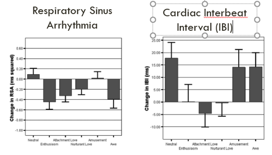 An image of two bar graphs. The left graph is labeled "Respiratory Sinus Arrhythmia", and the graph on the right is labeled "Cardiac Interbeat Interval (IBI)".