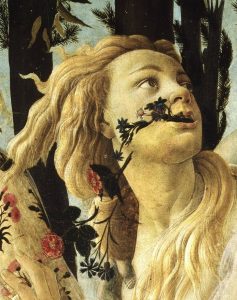 A young blonde nymph with flowers dangling from her lips. She looks up to the right, serene yet surprised.