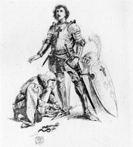 An illustration featuring Sir Launfal in the center, dressing in his armor except for his helmet. He looks slightly up and to the left. There is a man kneeling on his left side, bent over Sir Launfal's boots, fastening them. To Launfal's right are his feathered helmet and his shield.