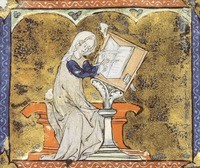 Marie de France, dressed in light colors save for her dark blue sleeves, writes in a book propped on a pedestal.