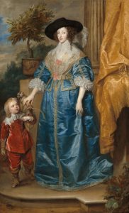 Queen Henrietta Maria wears a blue dress and her stature dominates the image. Next to her, small and wearing red, is Sir Jeffrey Hudson, a blond child. There is a monkey on his shoulder. An orange tree and a thick column are included in the background, which seems to be a corner of a lavish home.