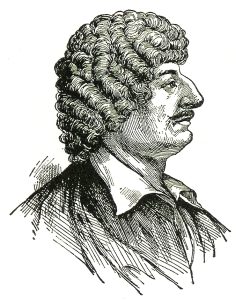 Black and white sketched side-facing portrait of Robert Herrick, a main wearing a curled wig and a large-collared blouse. His prominent nose sits just above a mustache, and he wears a neutral expression bordering on serious.