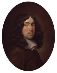 A color portrait of Andrew Marvell, who has long dark hair and slight facial hair, as well as thin eyebrows and a long nose. He sits sideways but faces the viewer. He wears a brown blouse with a thick white collar.