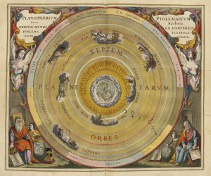 A Renaissance modeling of the astrological universe with astrological symbols and figures in a circle with philosophers and angels at the corners of the square image. The outermost section of the circle features the signs of the Zodiac along with their symbols.