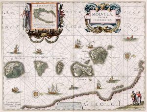 A gridded map containing drawings of small islands labeled in Latin. They are the Maluku islands today. The images of these islands are surrounded by drawings of ships and some explorers/colonizers in the bottom right corner.