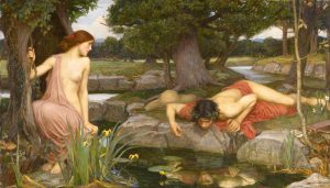 Two figures sit in a scene of nature: Narcissus leans over a pond, gazing into his reflection, while Echo looks on, draped in a pink robe.