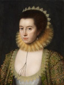 Anne Clifford sits in a portrait, her dark hair pulled back into a headdress resembling a crown, wearing a ruff and a lavish dress, all gold.