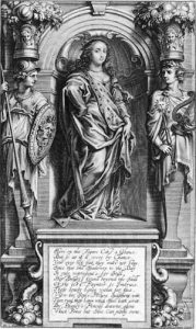 Margaret Cavendish poses, wearing flowy drapery, on a pedestal in an alcove. She resembles a statue in pose and form and is surrounded by floral and mythological motifs. To her right and left stand soldiers in ancient dress. Both are positioned to look at her. The one on her right holds a shield emblazoned with Medusa. The soldier on her left holds a sun emblem and a lyre. There is an inscription on the pedestal on which she stands, which reads: “Here on this figure cast a glance, but so as it were by chance, your eyes not fixed, they must not stay, since this like shadows to the day it only represents; for still, her beauty’s found beyond the skill of the best painter, to embrace, those lovely lines within her face, view her soul’s picture, judgment, wit, then read those lines which she hath writt, by fancy’s pencil drawn alone which peace but she can justly own.”