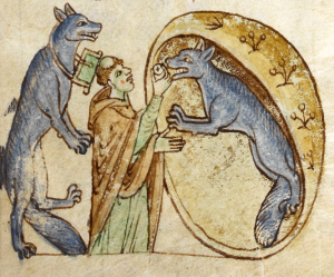 A sketch of a friar tending to a blue-gray humanlike wolf in a oval-shaped frame while another wolf stands behind the friar, wearing a small green pouch on a chain.