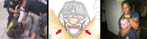left: Photo of police officer applying chokehold; middle: Anatomical diagram of carotid artery hold; right: Photo of police officer applying carotid artery hold