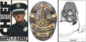 left: Los Angeles Police Chief Daryl F. Gater; middle: Los Angeles Police Officer badge; right: Anatomical diagram of chokehold