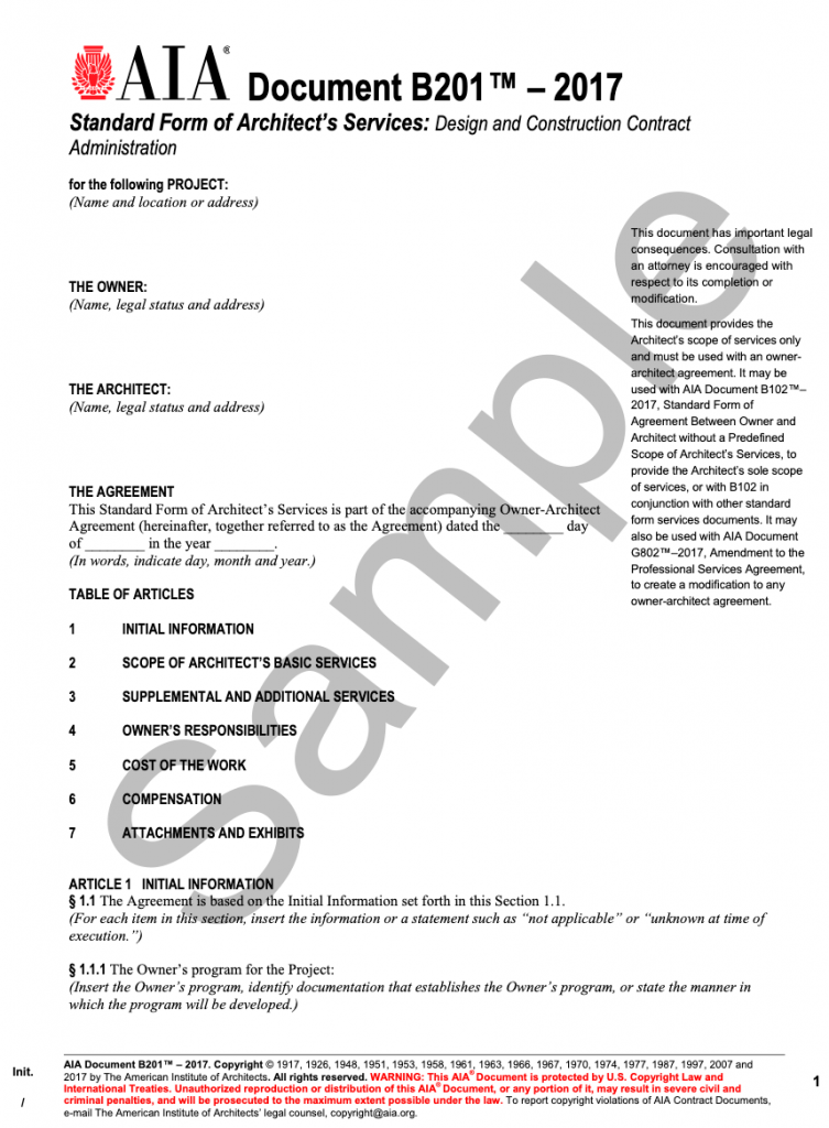 Cover page for the AIA B201 contract document