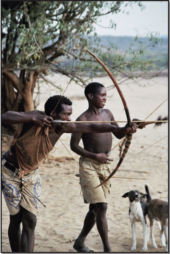 two hunters, each with a bow and arrows