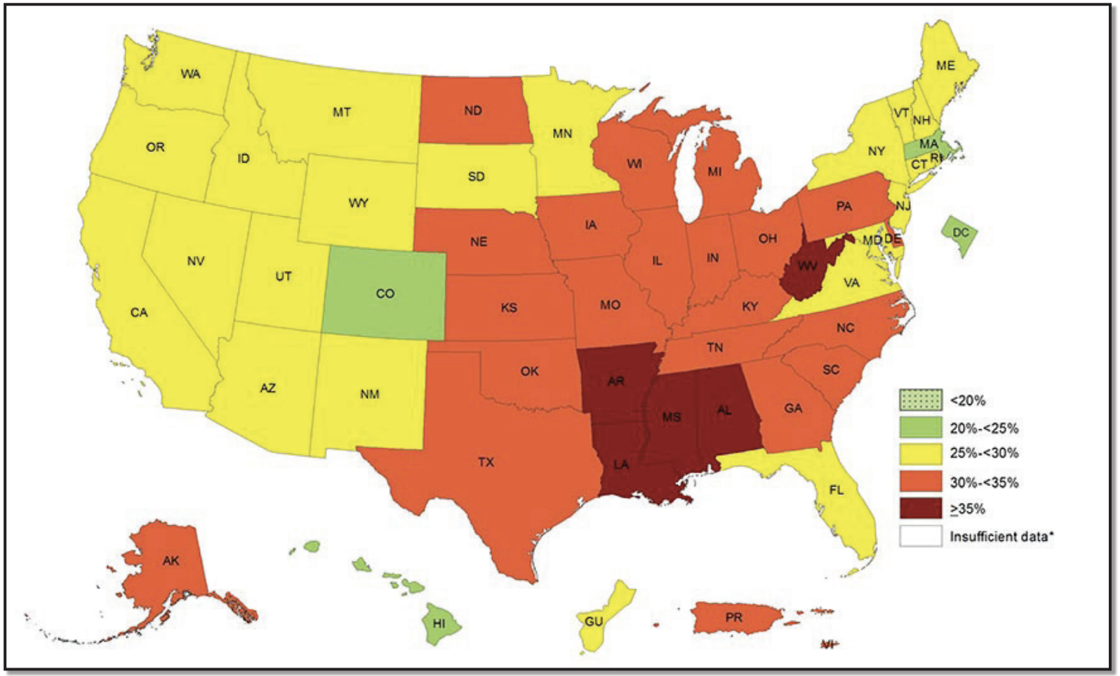 Obesity Rate ranges in the united states, by state