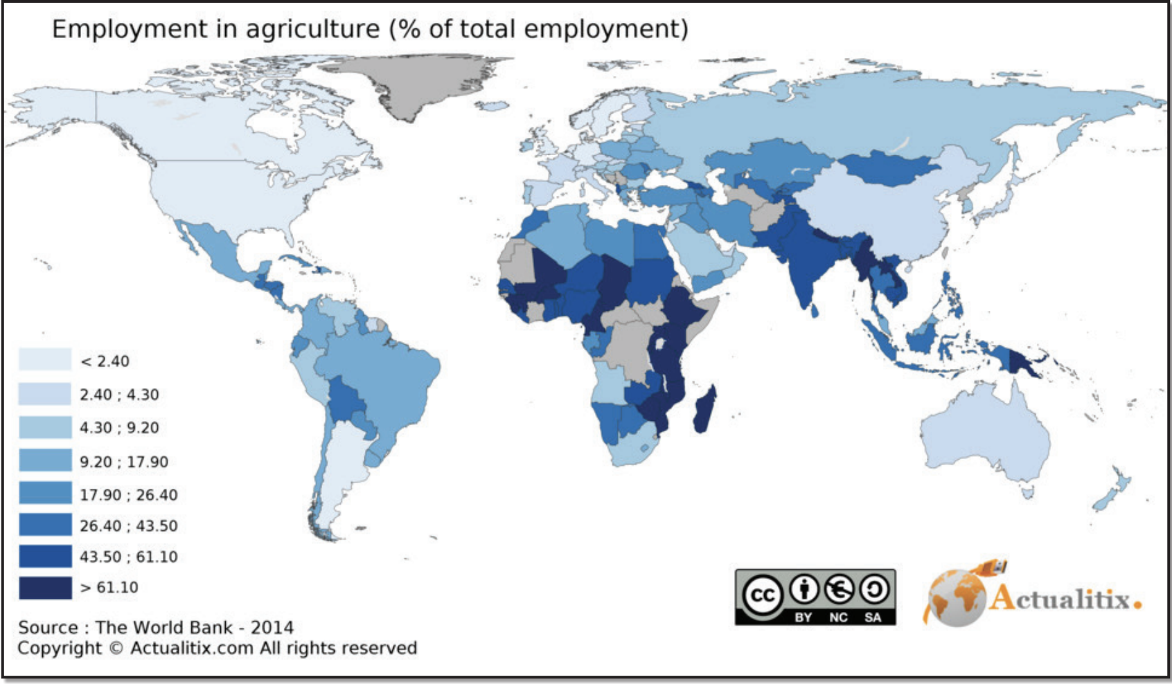 A world map showing ranges of Employment in Agriculture.