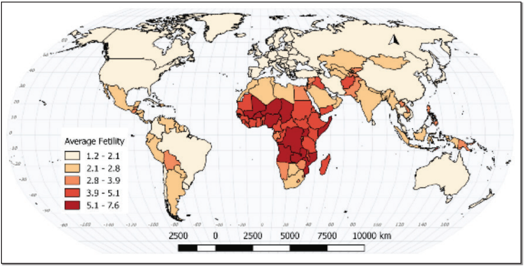 Global map of average fertility in 2015