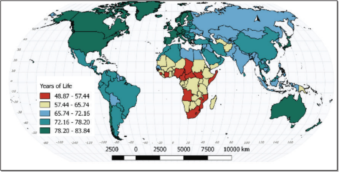 World map showing life expectancy for 2015