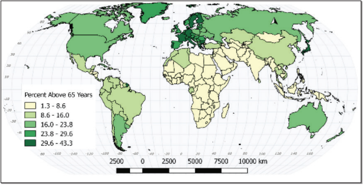 Global map showing Elderly Dependency Ratio for 2015