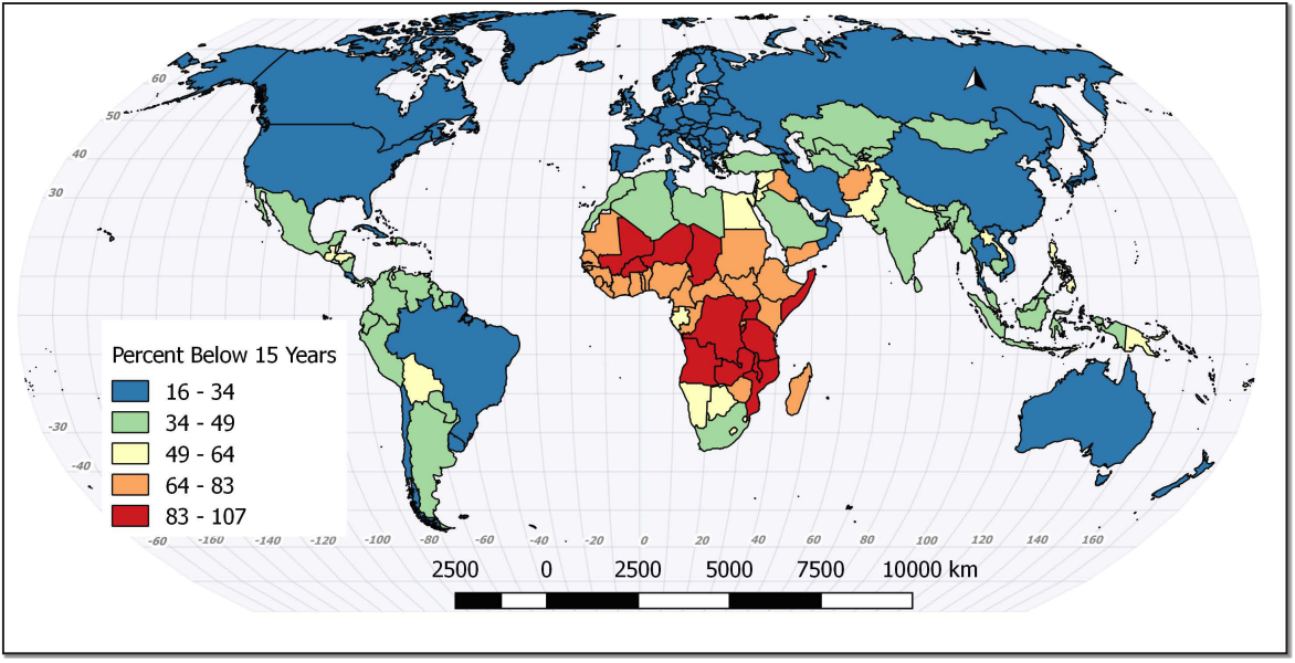 Global map showing youth dependency ratio for 2015