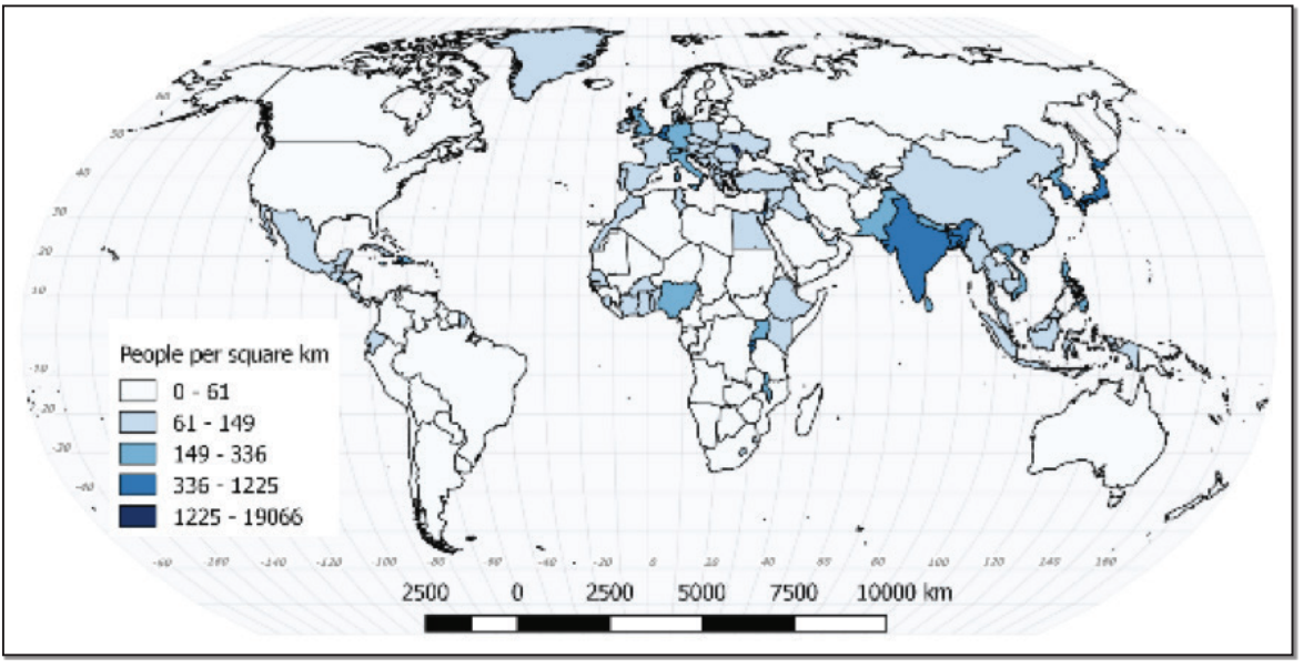 Global map showing arithmetic density in 2015