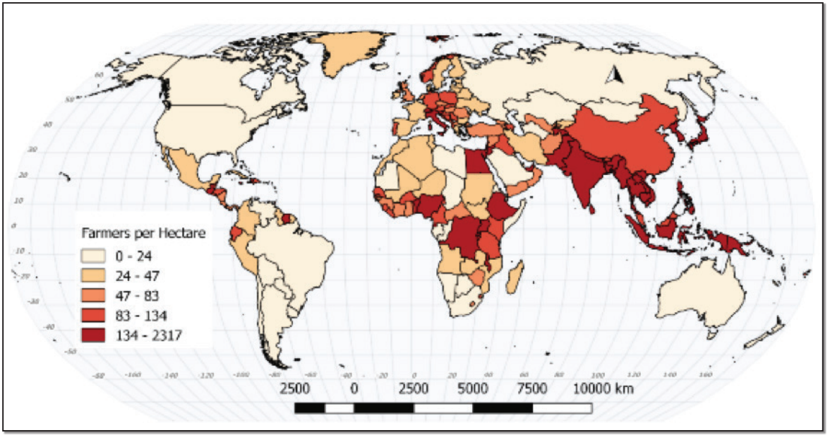 Global Map showing agricultural density for 2015
