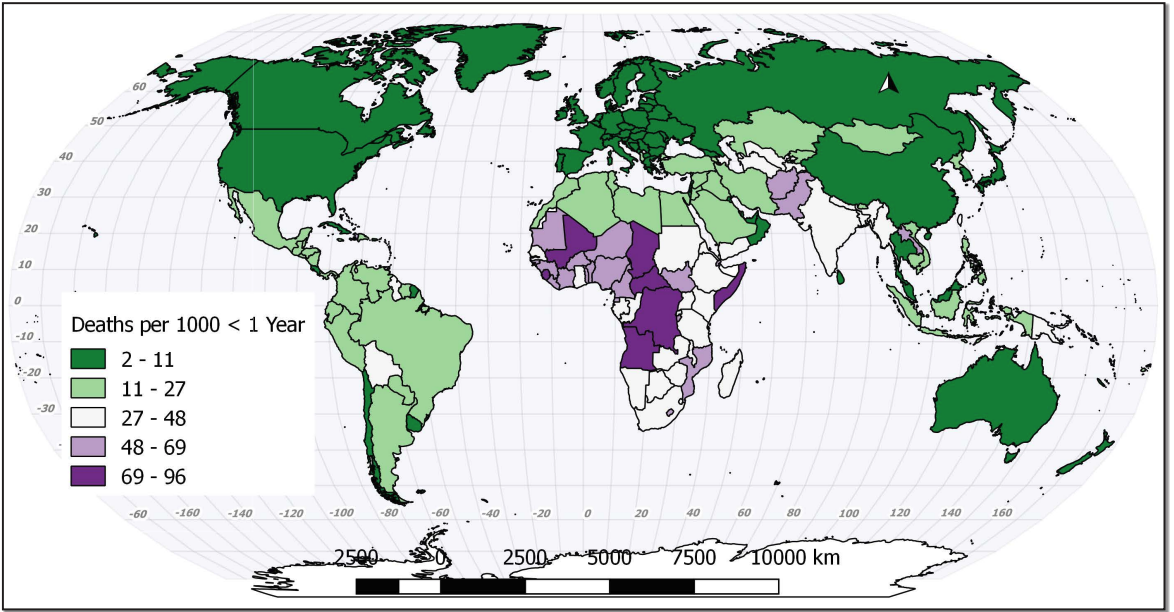 Global map showing infant mortality rates for 2015