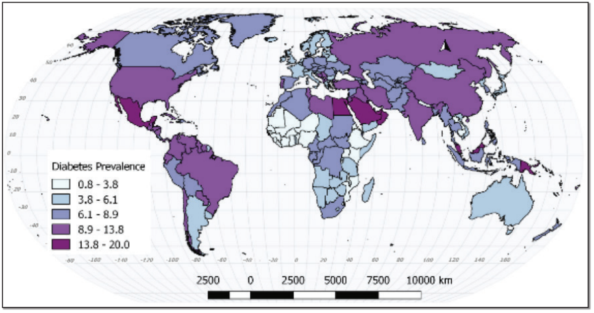 Global Map showing diabetes morbidity for 2015