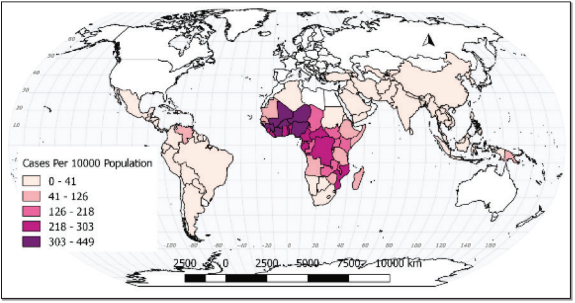 Global Map showing malaria incidence for 2015