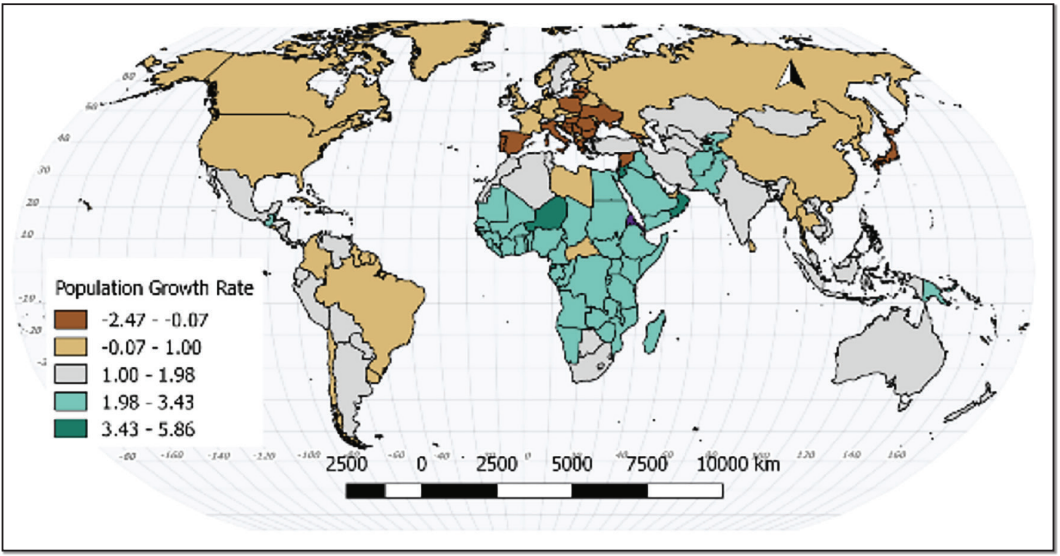 Countries by population growth rate ranges.