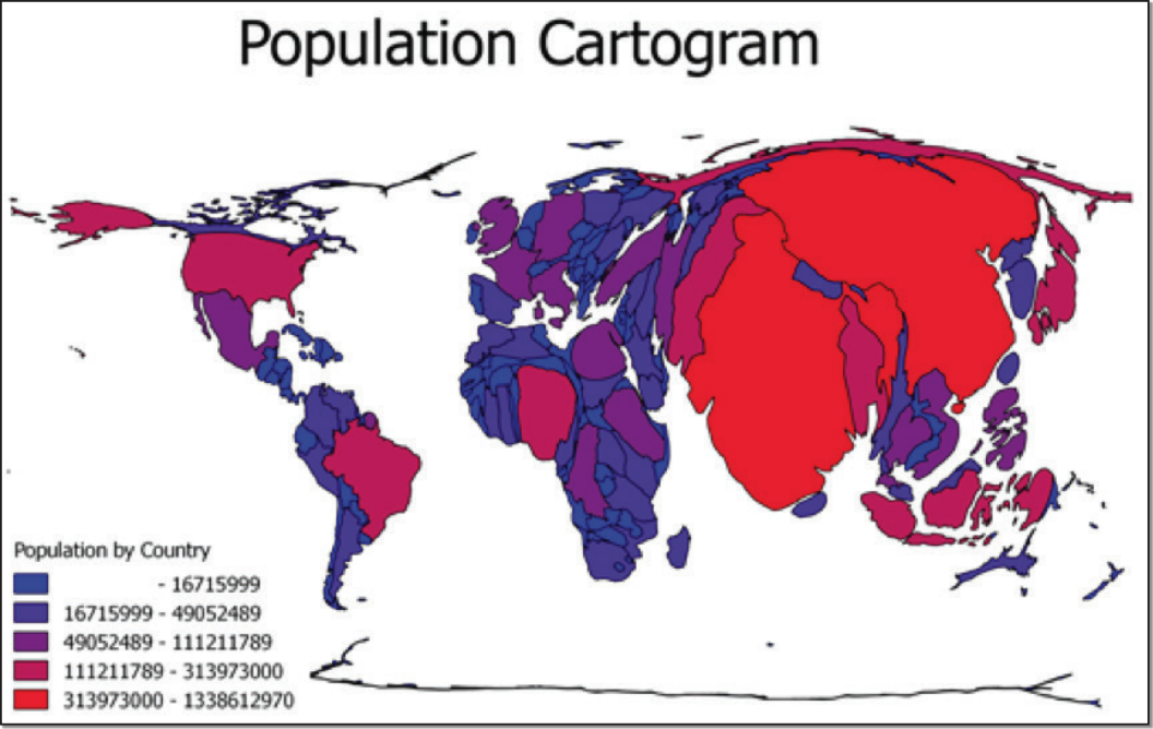 Population Cartogram. This population cartogram takes the borders of each country and adjusts the size of the country by the size of the population. What happens to China and India? What happens to Canada and Russia? What does this tell you?