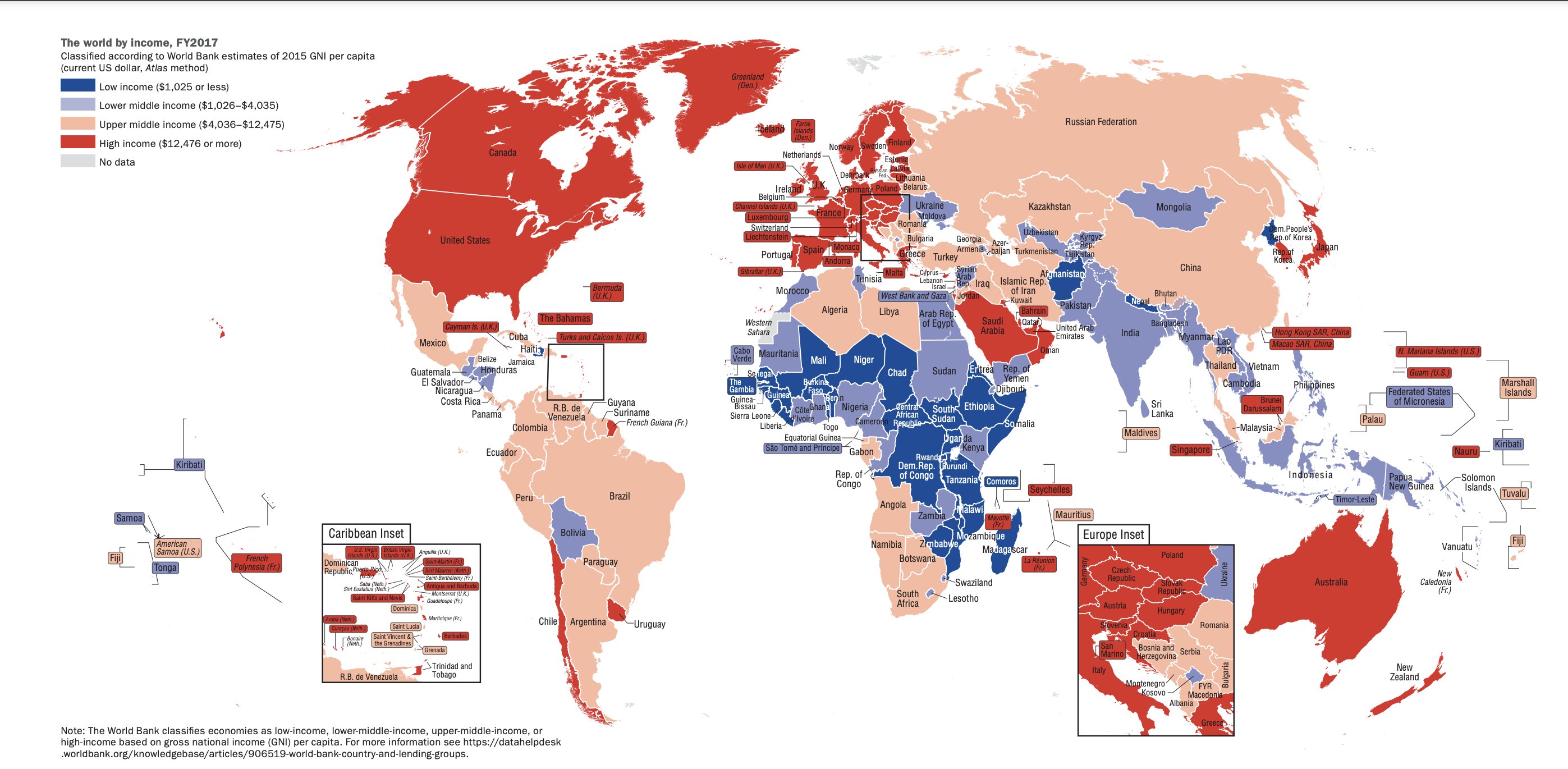 Income Categories for Countries as Defined by the World Bank in 2017. Low income is depicted by a dark blue, lower middle is depicted by a lighter blue, upper middle is depicted by a peach color, and the high income are depicted in red.