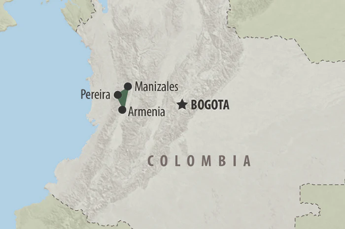 Map of Colombia shows a triangle formed by Manizales, Pereira, and Armenia.