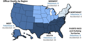 Map showing the geographic distribution of felonious law enforcement deaths