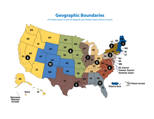 Geographic boundaries of the U.S. Circuit and District Courts