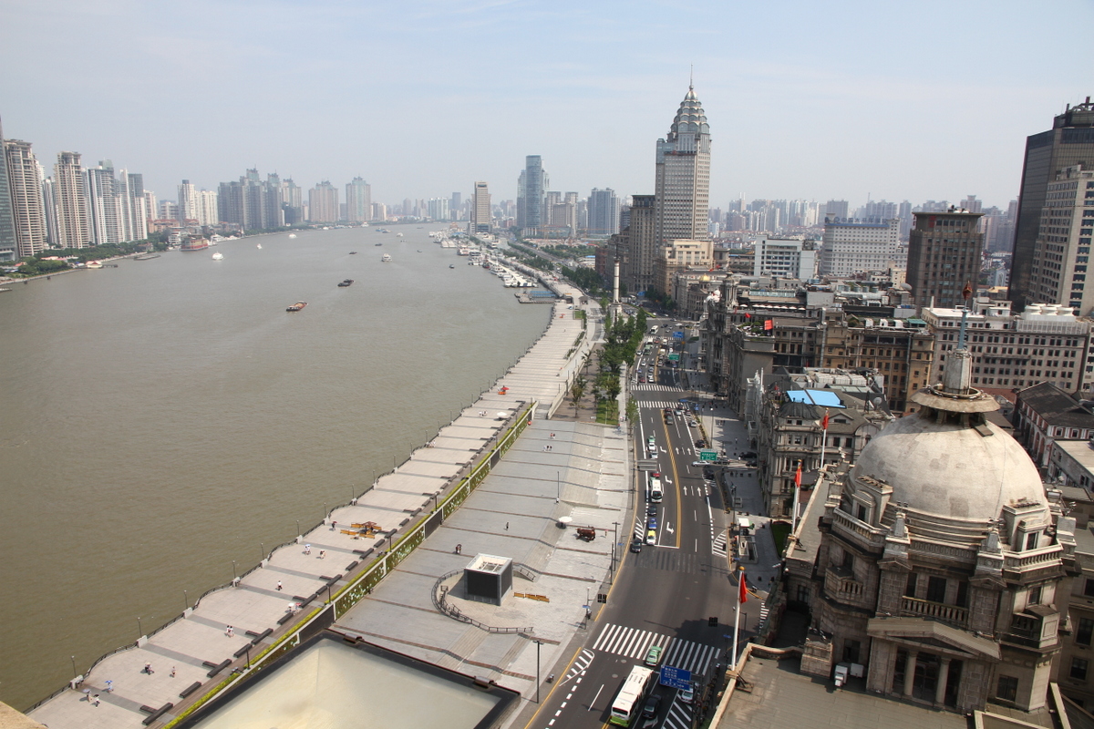 A famous water front in Shanghai, China. Lined with skyscrapers