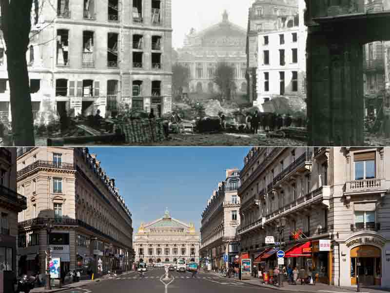 black and white photo of paris with buildings falling down (top), colored image of same buildings but modern and standing (bottom)