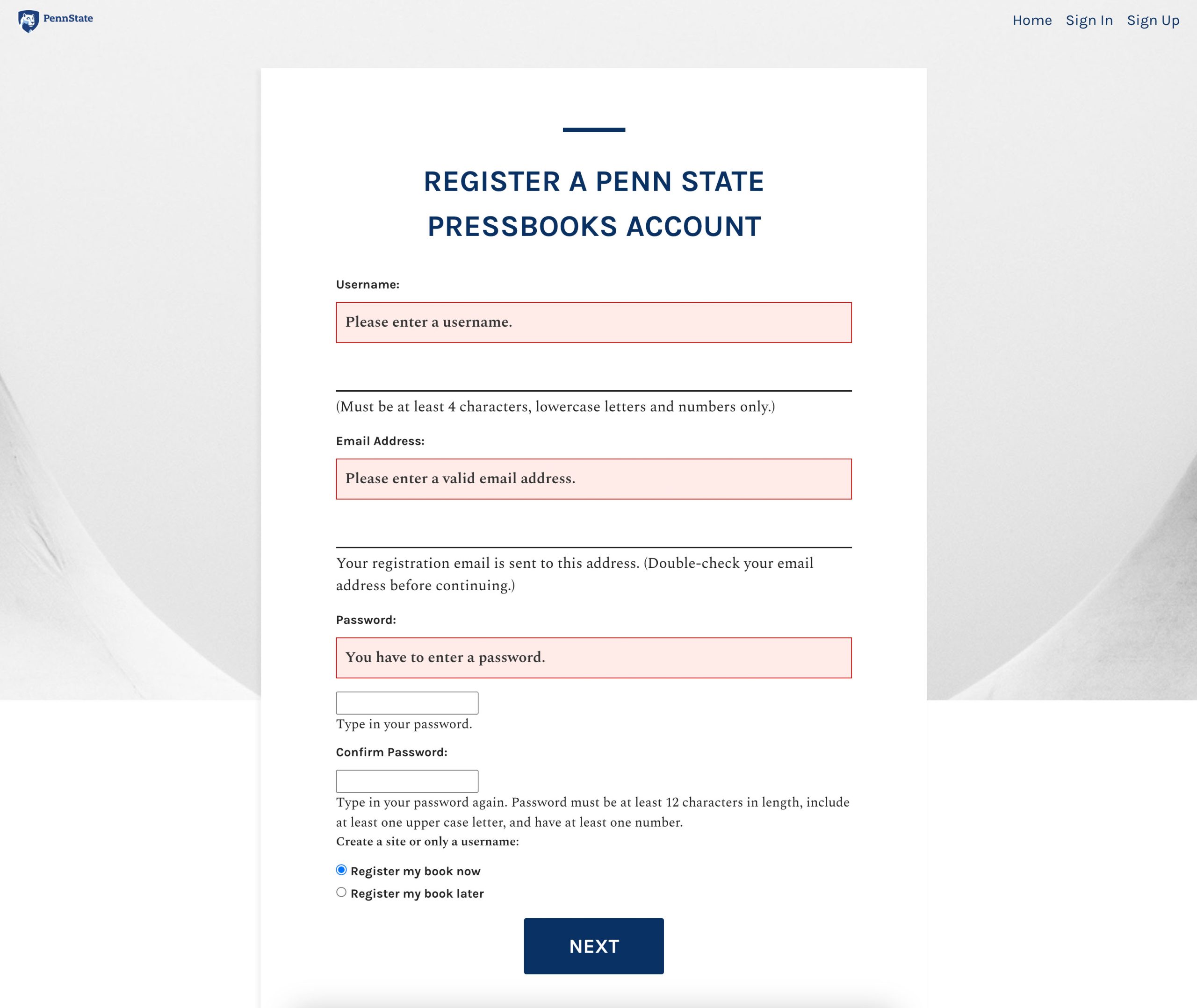 Registration page shows fields for name, email address, password and password verification.